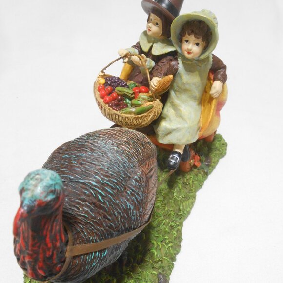VTG RESIN FALL DECOR TURKEY PULLING PILGRIM CHILDREN IN PUMPKIN CARRIAGE 9"X51/4 - Picture 1 of 9